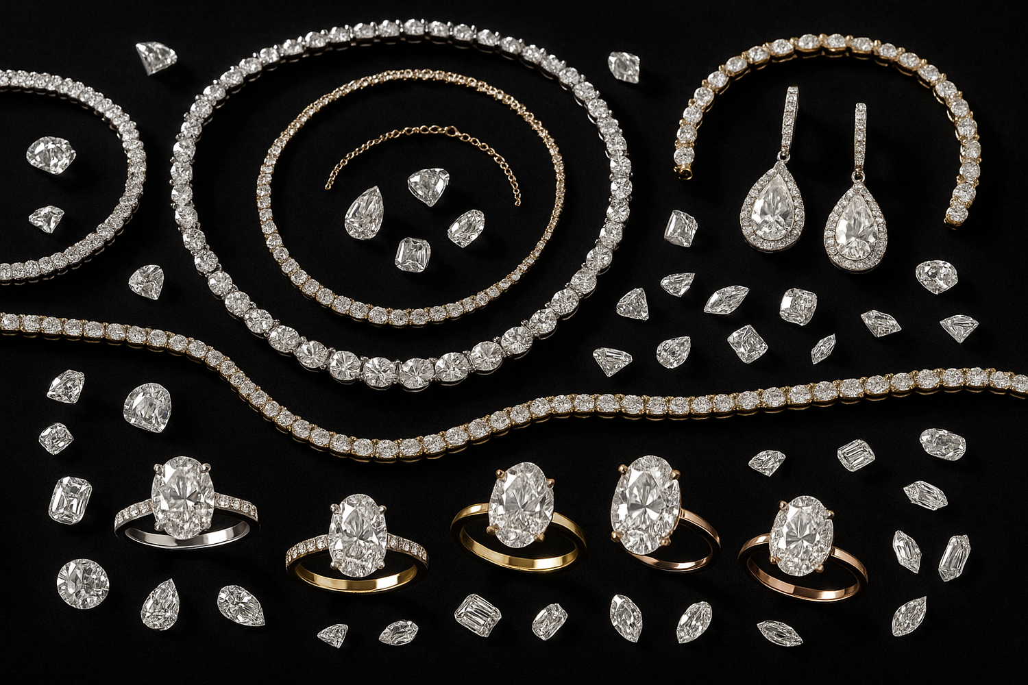 diamond jewellery placed on a black surface. Add gold, silver and rose gold jewellery. Add tennis bracelets, pear cut earrings, oval cut rings, and a necklace. Add different cuts of diamonds scattered around the surface around the jewellery